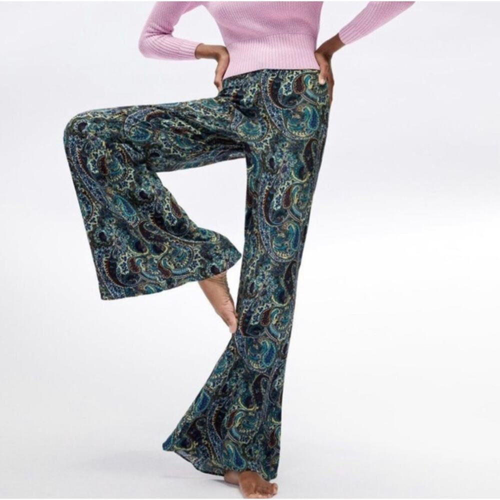 Zara Paisley Printed Flare Trousers L Multicolor Retro Boho High Rise 70s Hippie